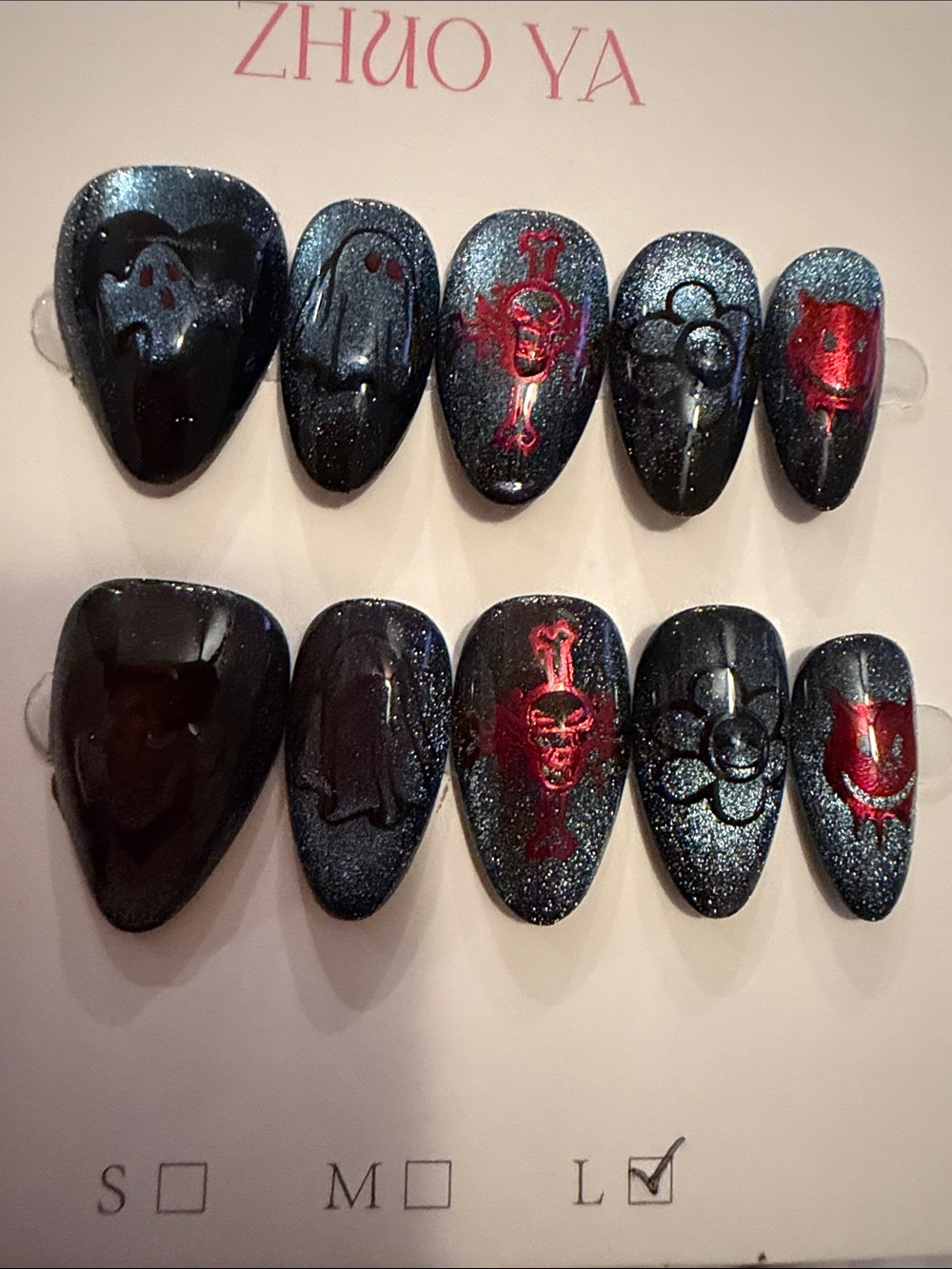 Dark blue cateye & Red Glitter Gothic Press-On Nail Set